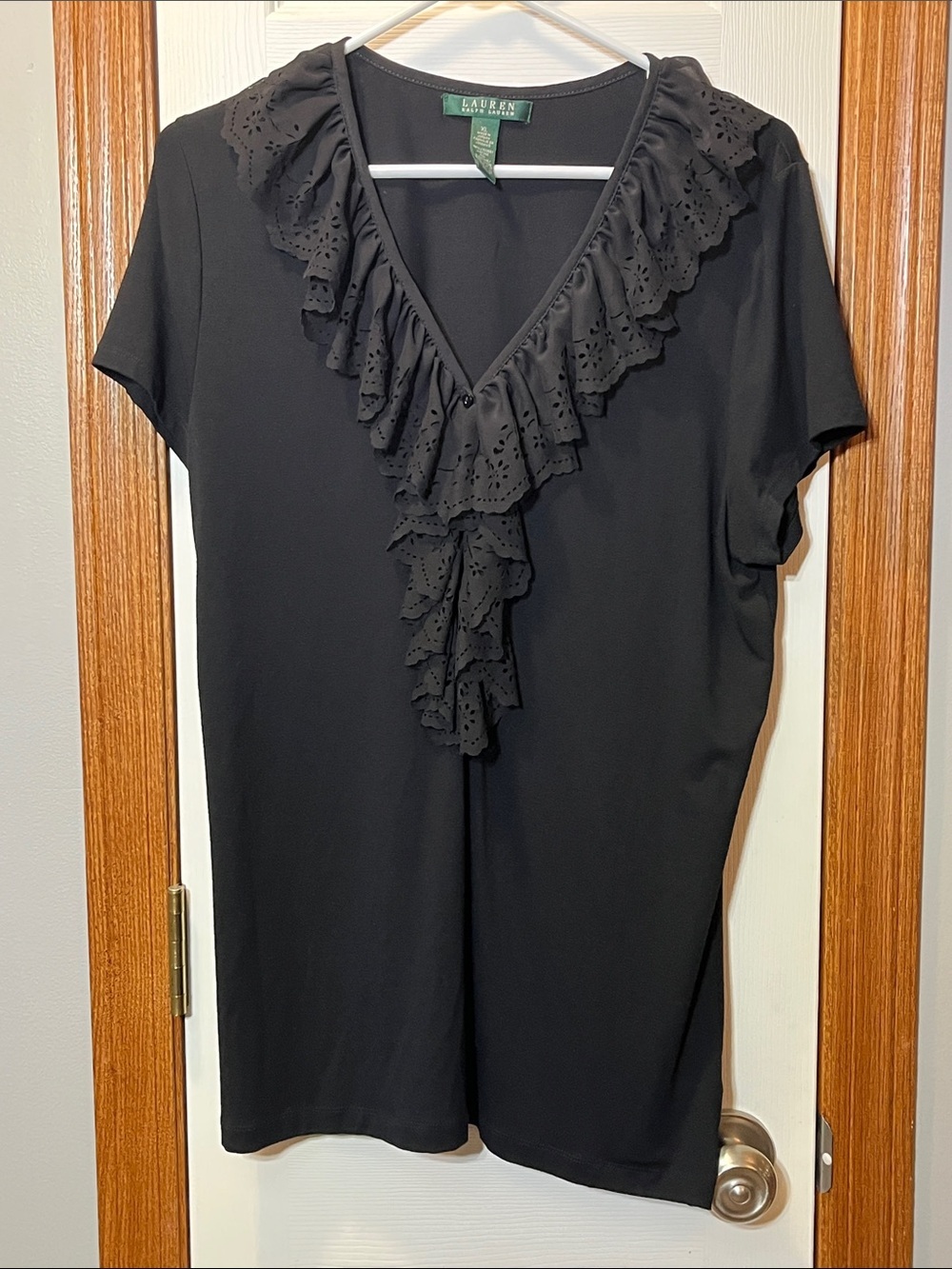 Lauren Ralph Lauren Black V-Neck Tee w/ Black Eyelet Ruffled Lace Trim